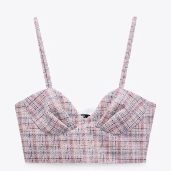 NEW Zara Tweed Boucle Knit Corset Crop Top Bralette Pink & Blue Metallic Medium - Picture 1 of 16
